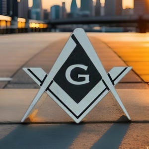 May include: A white and black Masonic symbol, featuring a square and compass design with the letter "G" in the centre. The symbol is set against a blurred cityscape background, with a warm, golden sunset.