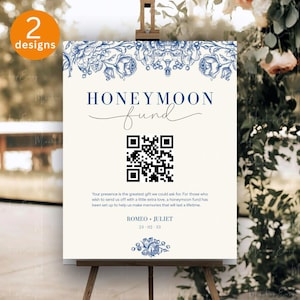 Modello di cartello per fondo luna di miele / Cartello con codice QR per matrimonio floreale blu / Download modificabile da Canva / Cartello da tavolo per fondo di viaggio in stile vittoriano stampabile