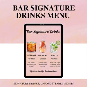 Modelo de Cardápio de Bar, Cardápio de Bebidas Especiais, Cardápio de Coquetéis, Cardápio de Happy Hour, Bebidas para Ele e para Ela, Download Instantâneo