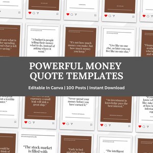 Peut inclure: Ensemble de modèles de médias sociaux avec des citations financières. Les modèles présentent un cadre blanc avec un fond marron et du texte. Le texte comprend des citations sur l'argent et les finances. L'image comprend également le texte "POWERFUL MONEY QUOTE TEMPLATES".