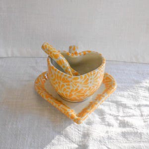 Yellow Heart Shaped Mug, Plate, Spoon set Handmade from Natural Clay (Barro) in Mexick, birthday gift for her Taza de corazon hecha de barro