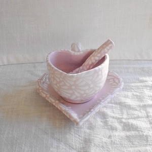 Pink Talavera Heart Mug Set – Handmade Mexican Pottery Cup, Plate & Spoon – 10–12 oz Coquette Gift for Her – Ceramic Coffee/Tea Cup