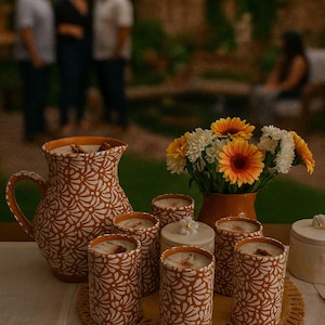 3L Handmade Talavera Pitcher 6 Cups Set made from Clay (barro) in Puebla Mexico by Artisans Terracotta Color gifts for her dinner party