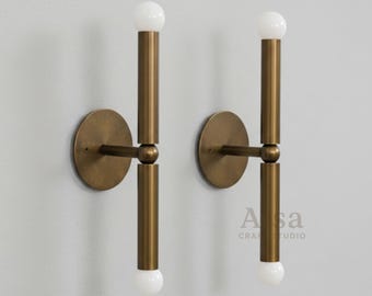 Mid Century Modern Brass Wall Sconce - Double Vertical Wall Light with Exposed Bulbs