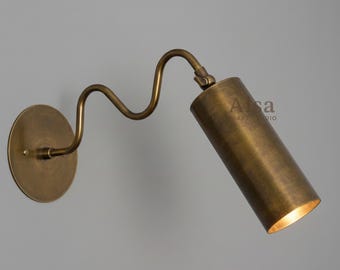 Handmade Mid-Century Cylindrical Solid Brass Wall Sconce with Curved Arm - Modern Interior Lighting