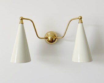 Mid Century Brass Double Wall Sconce - Modern White Cone Shade Vanity Light