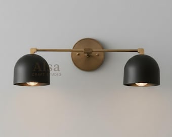 Modern Brass Wall Sconce | Black Dome Double Light, Vanity Lighting