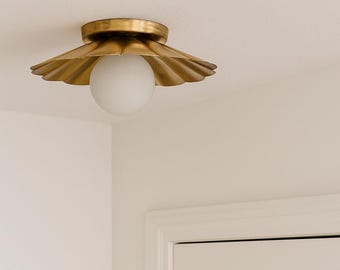 Mid Century Brass Wall Sconce: Fluted Umbrella Shade, Floral Ceiling Light