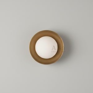 Minimalist brass wall lamp with circular backplate and soft glow