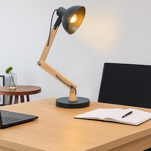 Wood Metal Desk Lamp, Swing Arm Desk Lamp, Adjustable Architect Study Table Lamp, Reading Lamp for Home, Office, Multi-Joint