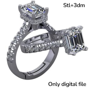 Op de afbeelding: Twee zilveren verlovingsringen met grote, smaragdgeslepen middenstenen en kleinere accentstenen. De ringen staan tegen een witte achtergrond. Tekst op de afbeelding luidt "Stl+3dm" en "Only digital file."