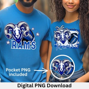 May include: Light blue t-shirts featuring a graphic of a ram's head and a football, with the word "RAMS" in white. The image includes the text "Pocket PNG included" and "Digital PNG Download".