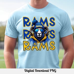 Cool Ram Mascot Football Shirt PNG Digital Download,  Blue Yellow Ram Mascot Tee, Game Day png School Spirit DTF DTG, Sport Mom png, Trendy