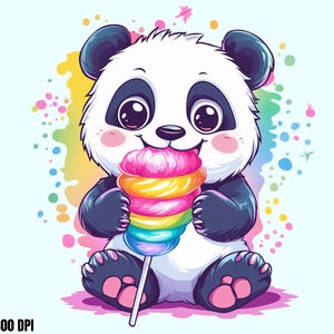 Panda de acuarela con algodón de azúcar, Panda de dibujos animados PNG digital para DTG, camisetas, tazas, vasos, diseño de sublimación para scrapbooking, clip art.