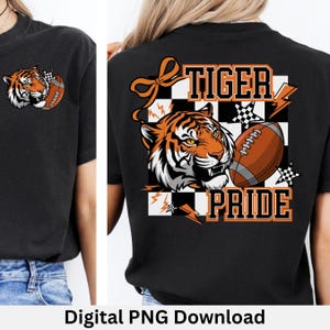 Tigers Football  PNG, Tiger Pride Mascot Shirt PNG, Coquette Bow Football, Game Day Sport Sublimation Tiger Design Checker Orange Black