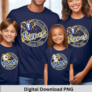 May include: Navy blue t-shirts with a circular graphic featuring a ram's head, the word "Rams", and the text "Game Day" and "Rams Way" in yellow and blue. The image shows a family wearing the shirts. The phrase "Digital Download PNG" is at the bottom.