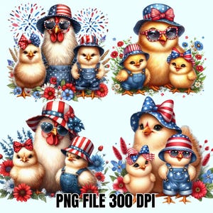 Funny 4th of July Chicken PNG, USA Hen Watercolor, Red White Blue Farm Animal Art, Independence Day Chicken Png, Patriotic Chick Clipart,