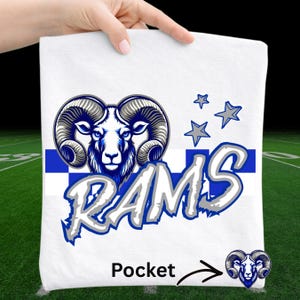 Diseño de camiseta de espíritu escolar de la mascota de los Rams, PNG, azul y gris, día del juego, descarga digital