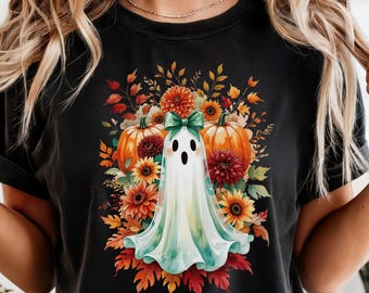 Halloween Ghost PNG: Bow, Pumpkins, Autumn Florals (Digital Download)