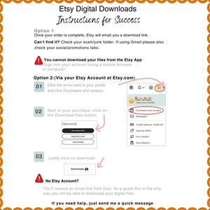 May include: A guide for Etsy digital downloads, with instructions for success. The text explains how to download files after purchase, including steps for Etsy account users and guests. The image includes screenshots and arrows to guide the user.