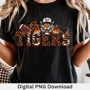 Tigers Football Shirt PNG Download, Football Cheer Design, Tiger Mascot Tee, Print Game Day Fan Tee, School Spirit DTF DTG, Football Mom png