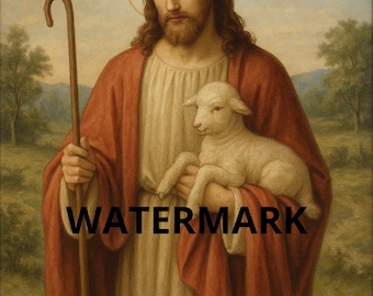 May include: A religious painting depicts a figure with long brown hair, a beard, and a halo, holding a lamb. The figure wears a white tunic and a red robe, and carries a wooden staff. The word "WATERMARK" is across the image.