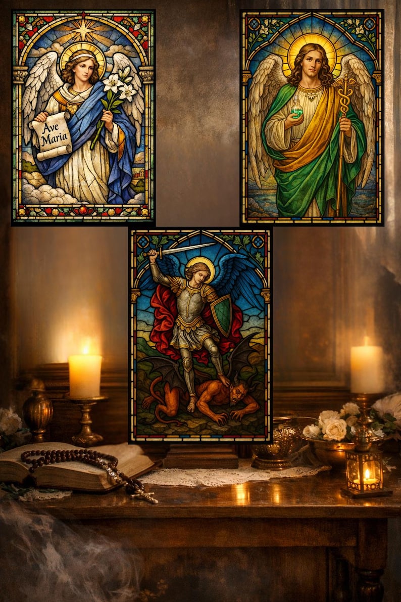 K&ouml;nnte beinhalten: Glasmalerei-Kunstpaneele mit religi&ouml;sen Figuren. Ein Panel zeigt einen Engel mit Lilien und einer Schriftrolle mit "Ave Maria". Ein anderes zeigt einen Engel mit einem Stab. Das dritte Panel zeigt einen Engel mit einem Schwert, der einen D&auml;mon besiegt.