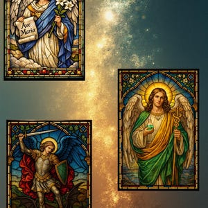 K&ouml;nnte beinhalten: Drei Glasmalereien mit religi&ouml;sen Figuren. Eines zeigt einen Engel mit einer Schriftrolle mit "Ave Maria". Ein anderes zeigt einen Engel mit einem Schwert, der einen D&auml;mon besiegt. Das dritte zeigt einen Engel mit Stab und Phiole.