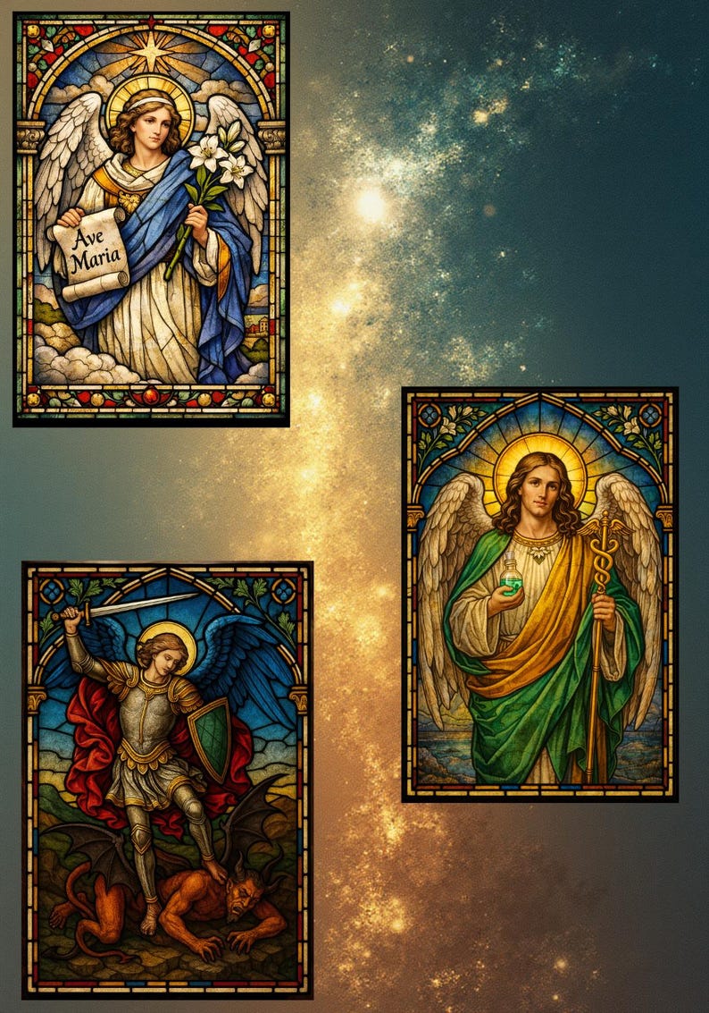 K&ouml;nnte beinhalten: Drei Glasmalereien mit religi&ouml;sen Figuren. Eines zeigt einen Engel mit einer Schriftrolle mit "Ave Maria". Ein anderes zeigt einen Engel mit einem Schwert, der einen D&auml;mon besiegt. Das dritte zeigt einen Engel mit Stab und Phiole.