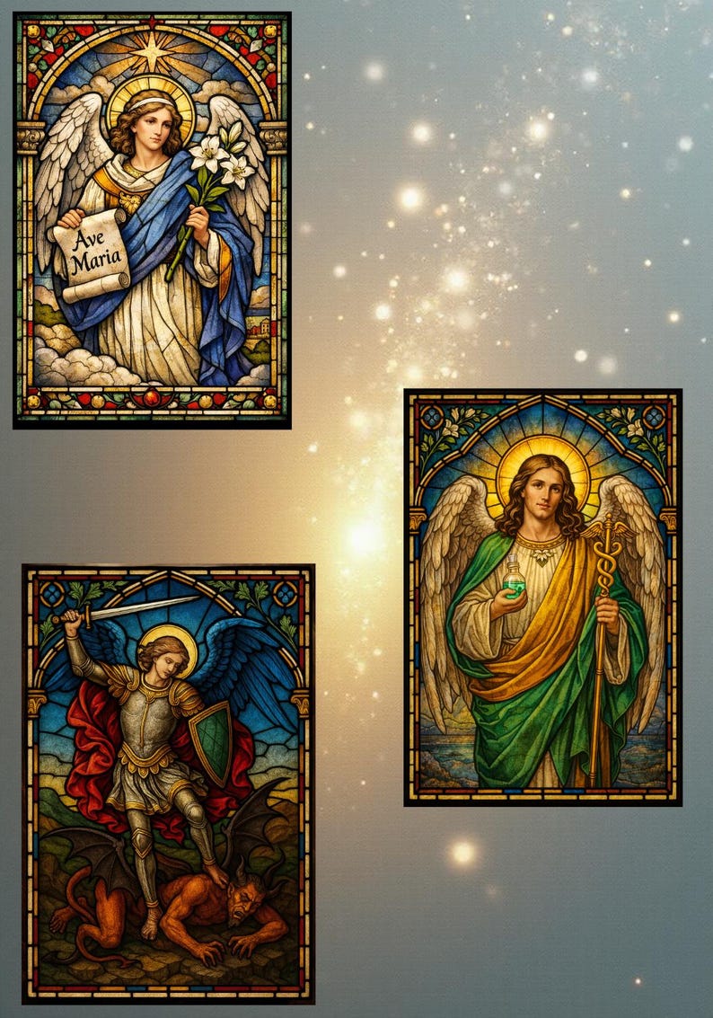 K&ouml;nnte beinhalten: Drei Glasmalereien mit Engeln. Einer h&auml;lt eine Schriftrolle mit "Ave Maria", ein anderer einen Stab und eine Phiole, und der dritte ist ein Kriegerengel mit einem Schwert, der auf einen D&auml;mon tritt.