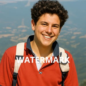 Könnte beinhalten: Ein rotes Poloshirt mit marineblauen Besätzen und dem Wort WATERMARK in Weiß. Das Hemd hat ein kleines gesticktes Detail. Ein Rucksack mit beigen Trägern ist sichtbar. Der Hintergrund zeigt eine verschwommene Landschaft.