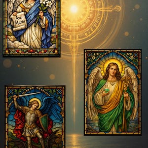 May include: Three stained glass panels featuring angels. One angel holds a scroll with "Ave Maria". Another holds a caduceus and a vial. The third angel is depicted with a sword, stepping on a demon. The background is a golden light.