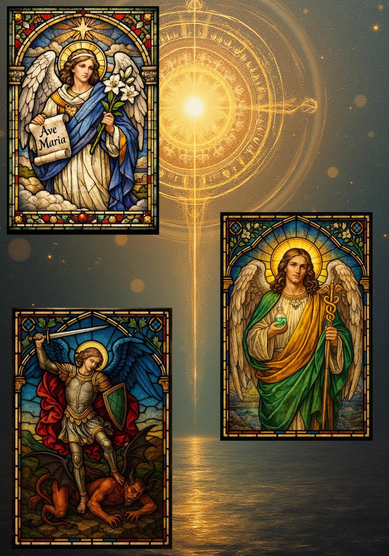 K&ouml;nnte beinhalten: Drei Buntglasfenster mit Engeln. Einer h&auml;lt eine Schriftrolle mit "Ave Maria", ein anderer einen Caduceus, und der dritte bezwingt einen D&auml;mon. Die Tafeln haben verzierte Rahmen und sind vor einem goldenen Hintergrund platziert.