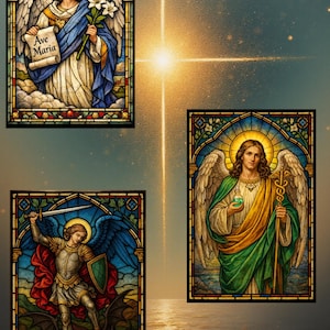 K&ouml;nnte beinhalten: Drei Glasmalereien mit Engeln. Einer h&auml;lt eine Schriftrolle mit "Ave Maria", ein anderer einen Stab und eine Phiole, und der dritte t&ouml;tet einen D&auml;mon. Die Tafeln sind mit verzierten Rahmen versehen.