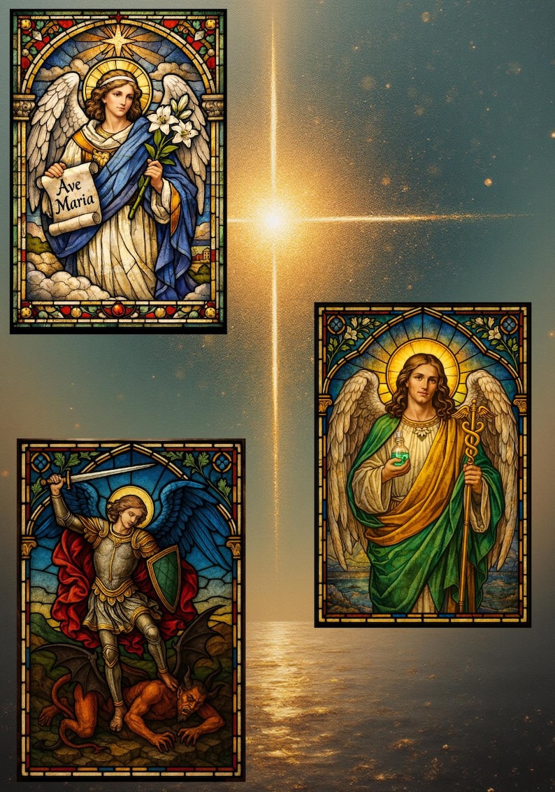K&ouml;nnte beinhalten: Drei Glasmalereien mit Engeln. Einer h&auml;lt eine Schriftrolle mit "Ave Maria", ein anderer einen Stab und eine Phiole, und der dritte t&ouml;tet einen D&auml;mon. Die Tafeln sind mit verzierten Rahmen versehen.