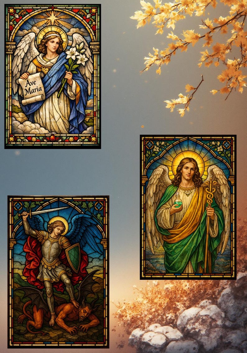 K&ouml;nnte beinhalten: Drei Glasmalereien mit Engeln. Einer h&auml;lt eine Schriftrolle mit "Ave Maria", ein anderer einen Stab und eine Phiole, und der dritte ist ein Kriegerengel mit Schwert und Schild, der &uuml;ber einem D&auml;mon steht. Gerahmt.