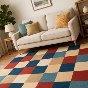 Hand Tufted Multicolor Geometric Checkered Rug – Red, Blue, Beige & Cream Modern Carpet for Living Room ,Bedroom – Soft Wool Feel Floor Mat