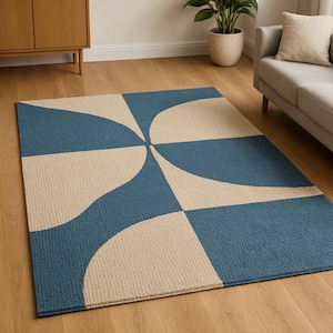 Modern Geometric Area Rug - Blue and Beige Hand-Tufted Carpet | Contemporary Abstract Design | Living Room & Bedroom Decor | Minimalist Home