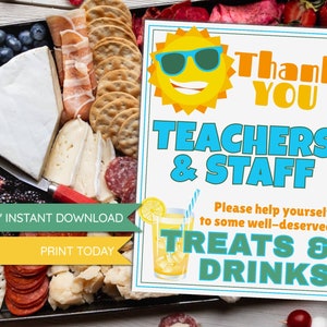 Summer Thank You Teacher Treat Sign, PRINT TODAY, Printable, Snack Sign, Thank You, teachers, school, staff, preschool, pto, pta, food tray