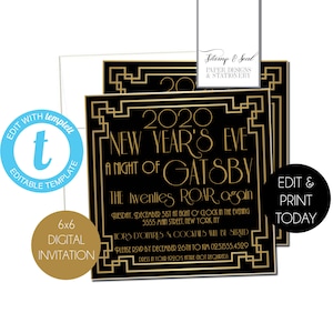 Gatsby Printable Invitation, Gold, Black, PRINT TODAY, Minimalist, Modern, Templett, Faux Foil, NYE, Speakeasy, Art Deco, Editable, 1920,
