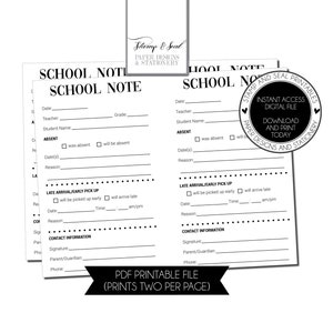 Nota escolar imprimible en blanco, carta ausente, carta escolar, llegada tardía, imprimible, descarga instantánea, nota para padres, nota para estudiantes, nota de excusa
