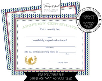 Blank Printable Horse Adoption Certificate, PRINT TODAY Adopt a Horse, Derby Party, Instant Download, Fill in blank, Stuffed Horse