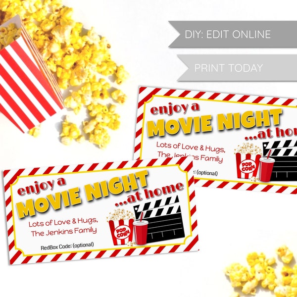 Personalized Movie Night Gift Tags, Cards, PRINT TODAY, Print at home, Edit, Summer, Gift Baskets, Family Gift Tags, Quarantine, Red Box