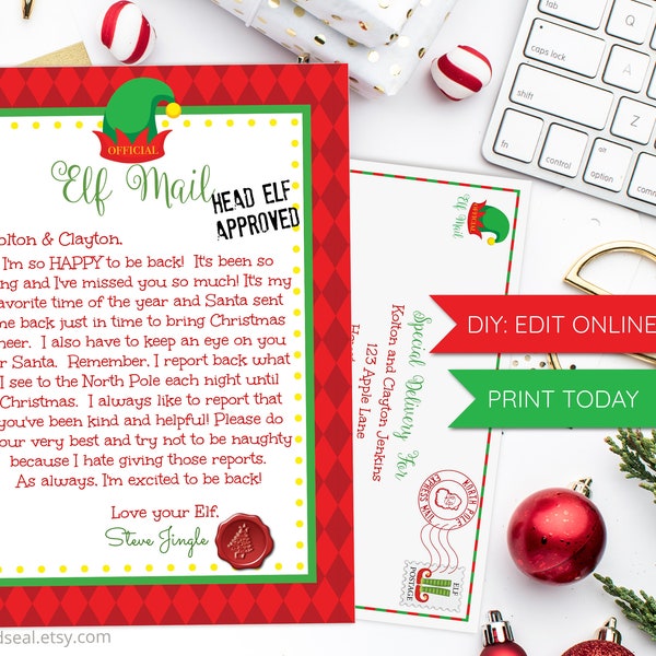 Gepersonaliseerde kerstelf brief en envelop, PRINT TODAY, Kerstmis, Elf Note, Elf Arrival, Printable, Editable, Elf Mail, Santa Letter