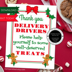 Kerstbezorger behandelt teken, PRINT VANDAAG, afdrukbaar, snackbord, dank u, UPS, FedEx, Amazon, Ups, bezorgkoerier, snack