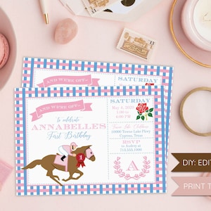 Horse Race Pink and Blue Birthday Invitation, Derby Party, Printable, Editable, Templett, Birthday, Girl, Boy, Shower, Southern, Derby image 1