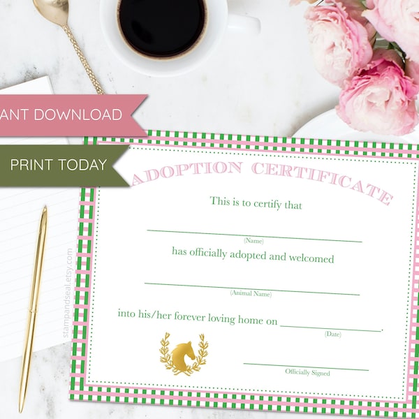 Blank Printable Horse Adoption Certificate, PRINT TODAY, pink, Adopt a Horse, Derby Party, Instant Download, Fill in blank, Stuffed Horse