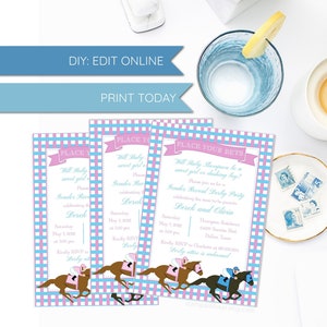 Horse Race Pink and Blue Gender Reveal Invitation, Derby Party, PRINT TODAY, Editable DIY template, Baby Shower, Southern, Triple Crown image 1