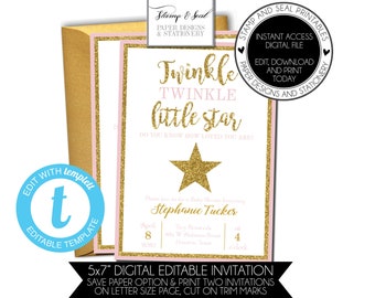 Twinkle Little Star Gold Glitter Pink Invitation, Blush Pink, Printable, Editable, Templett, Baby Pink, Baby Shower, Twinkle Twinkle