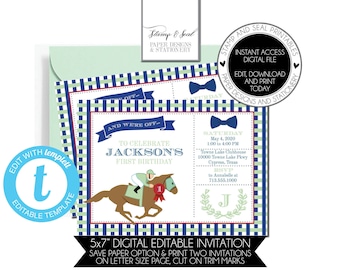 Horse Race Mint Green and Blue Birthday Invitation, Derby Party, Printable, Editable, Templett, Birthday, Boy Birthday, Southern, Derby